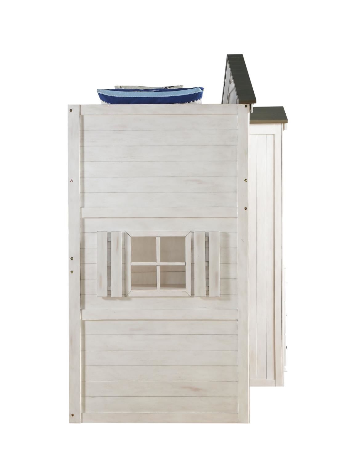 Djalu Twin Tree House Loft Bed with Bookcase - Weathered White