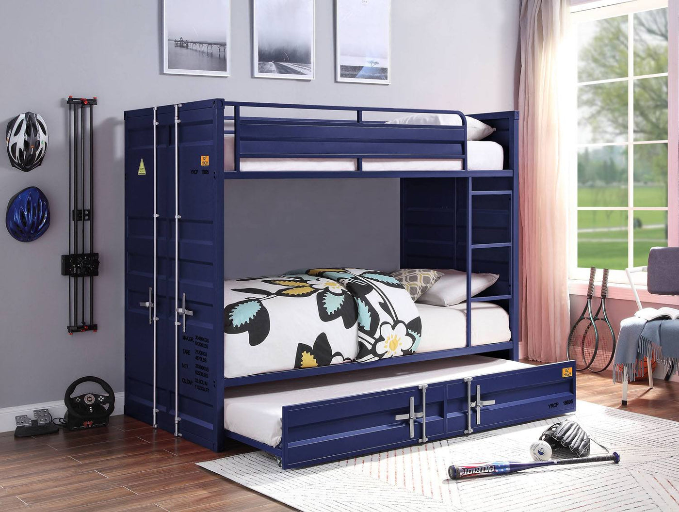 Konto Industrial Twin Bunk Bed with Trundle - Blue