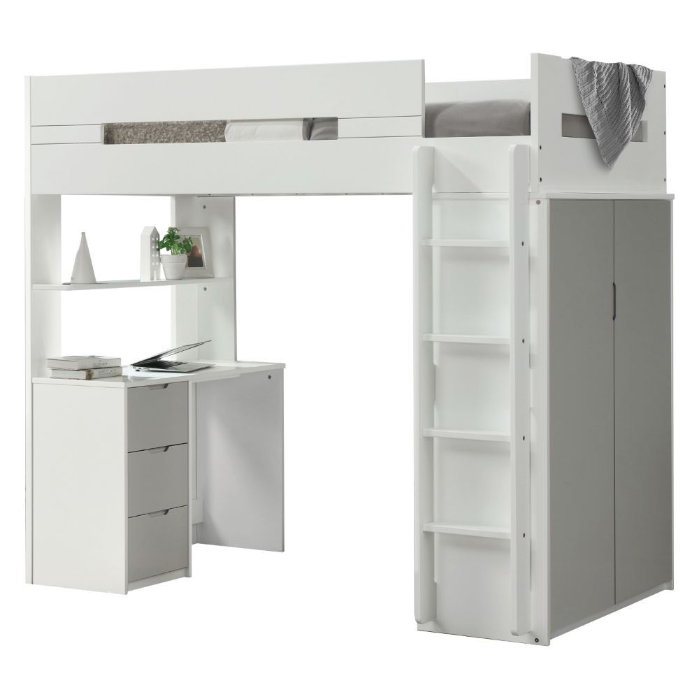 Mangana Twin Loft Bed with Bookcase - White/Grey