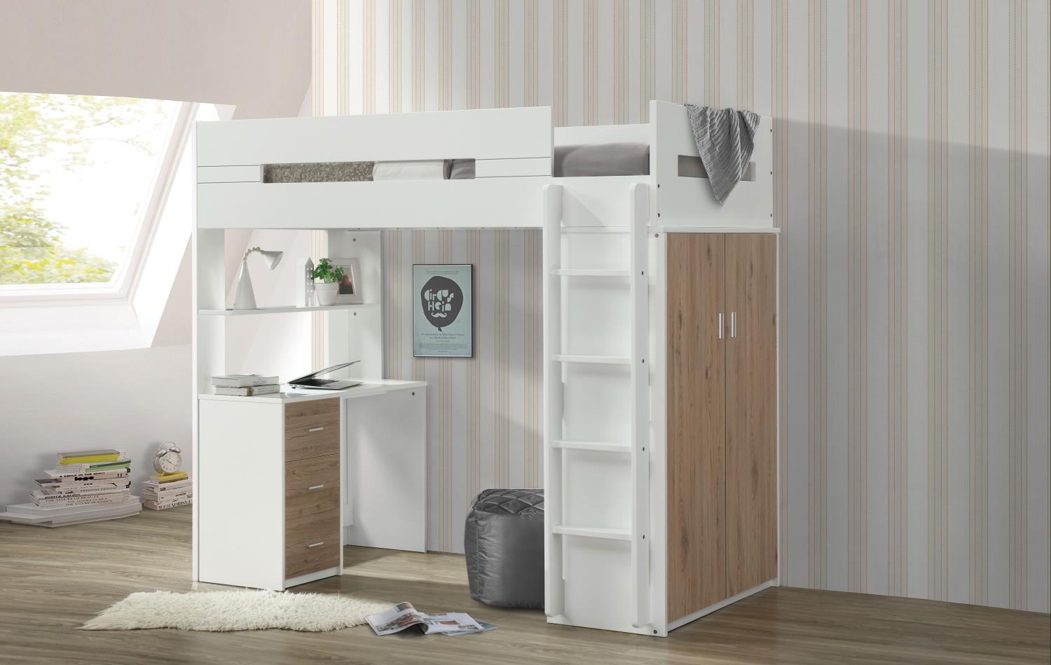 Mangana Twin Loft Bed with Bookcase - White/Natural