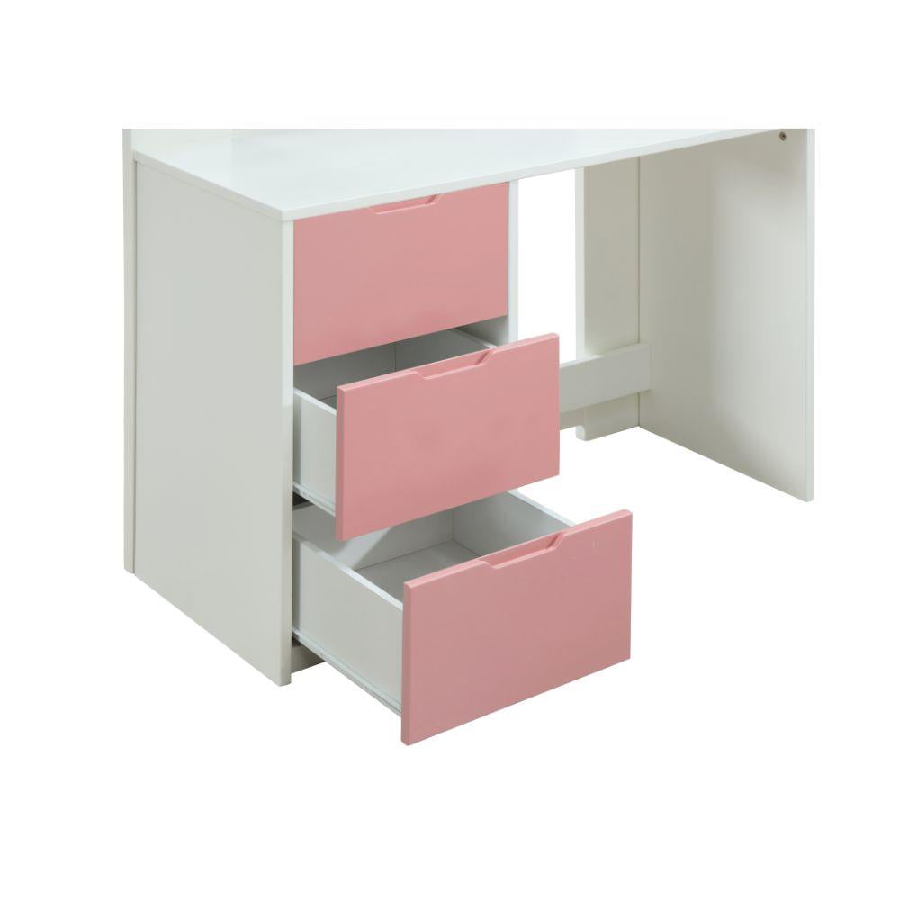Mangana Twin Loft Bed with Bookcase - White/Pink