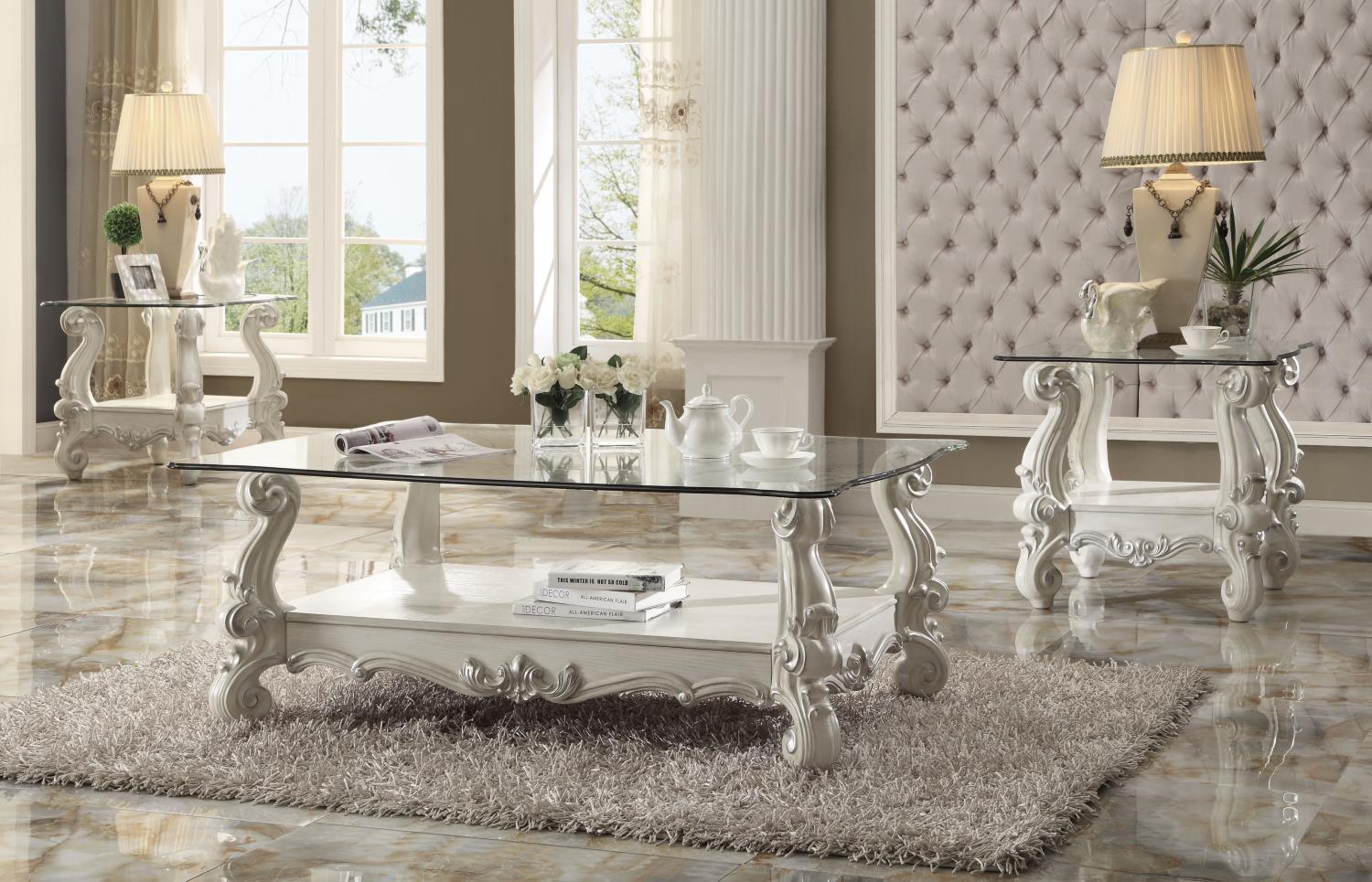 Escalera Coffee Table - Bone White and Clear Glass