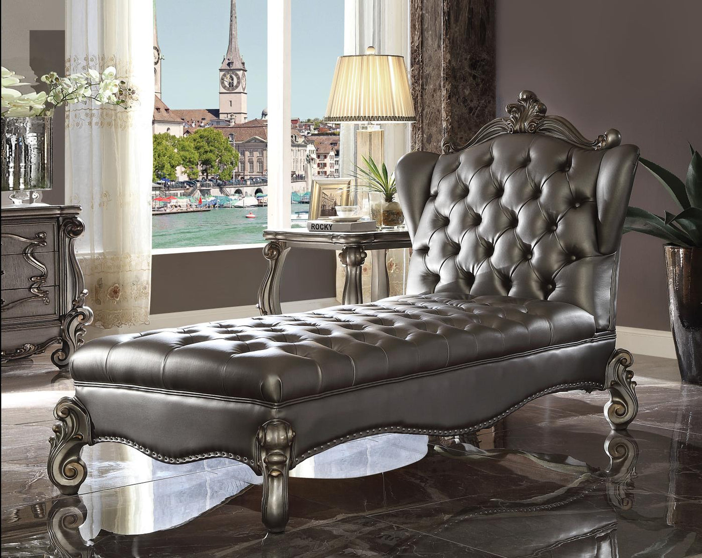 Escalera Chaise Lounge - Silver and Antique Platinum