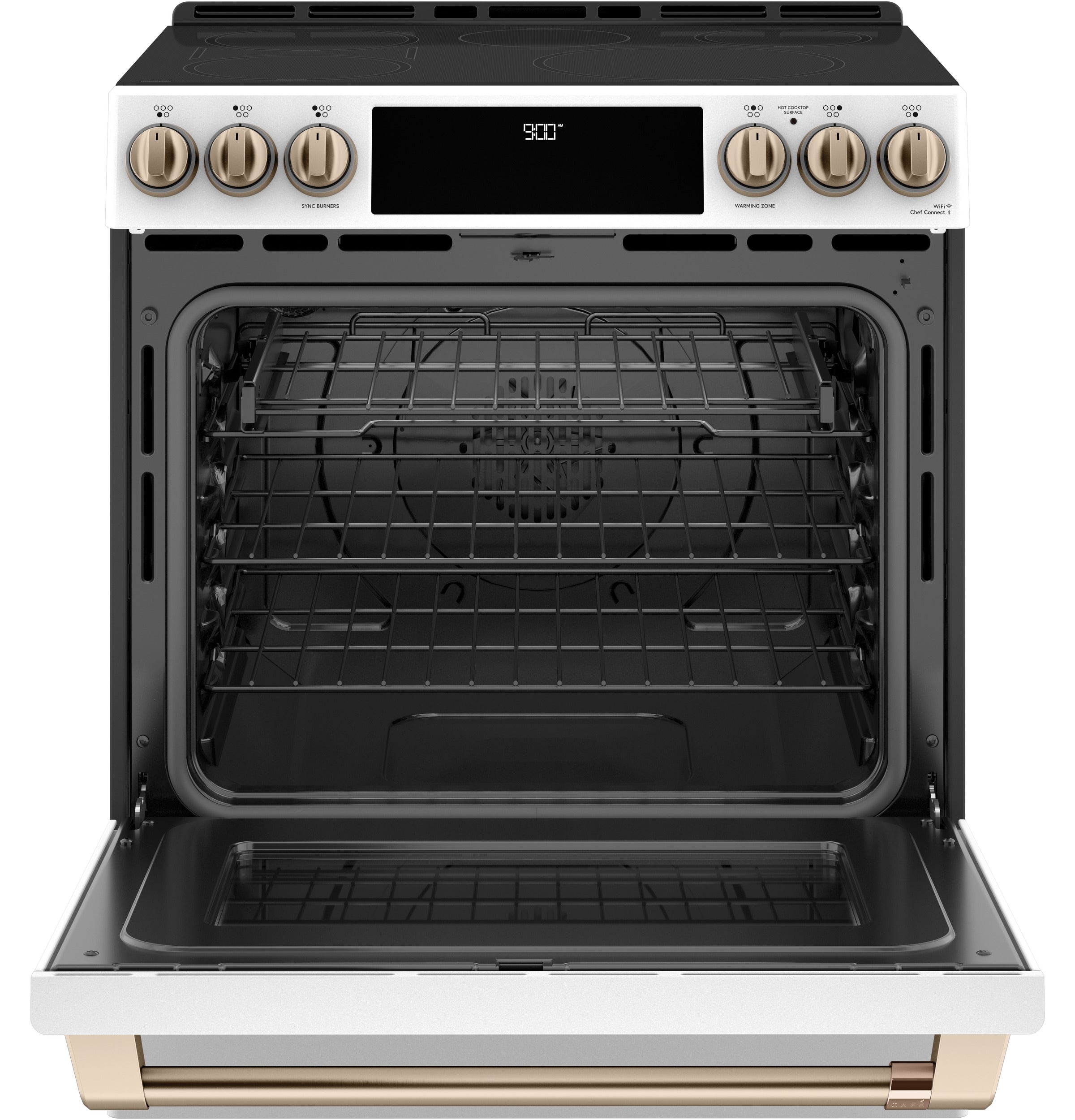 Café™ Matte White 30'' Slide-In Front Control Induction and Convection Range with Warming Drawer (5.7 Cu.Ft) - CCHS900P4MW2