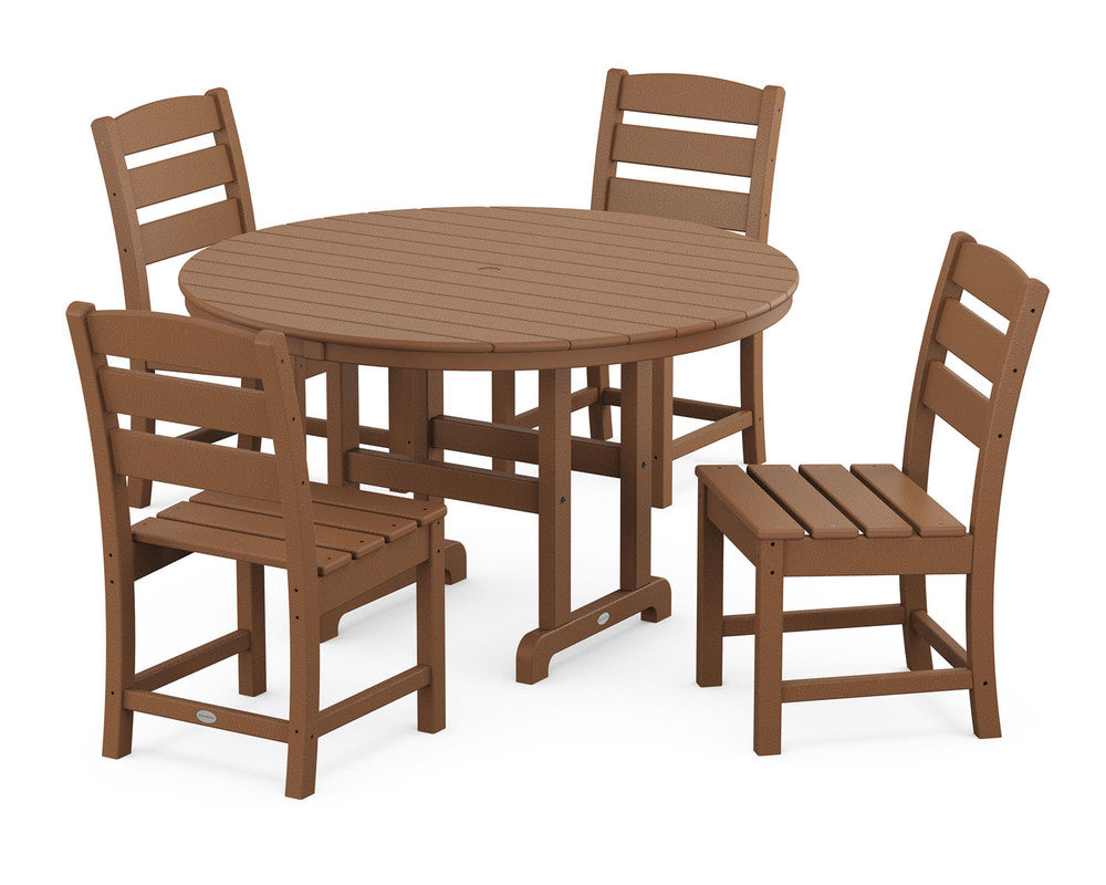 POLYWOODÂ® Lakeside 5-Piece Round Farmhouse Side Chair Dining Set - Teak
