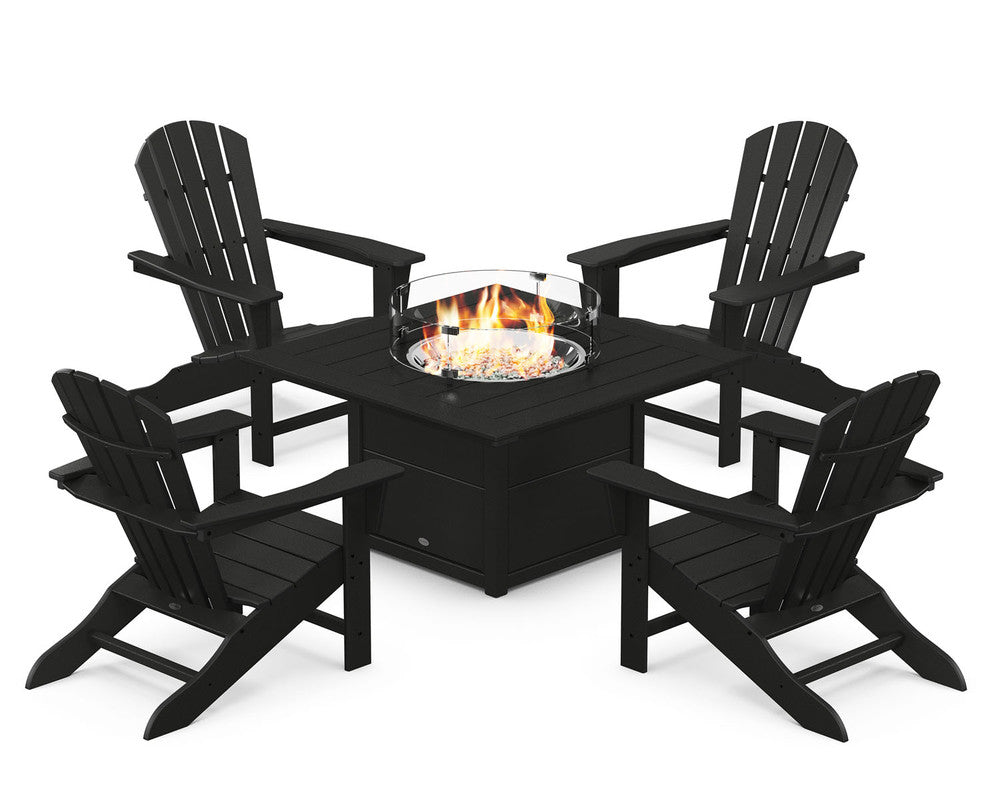 POLYWOODÂ® Palm Coast 5-Piece Adirondack Chair Conversation Set with Fire Pit Table - Black