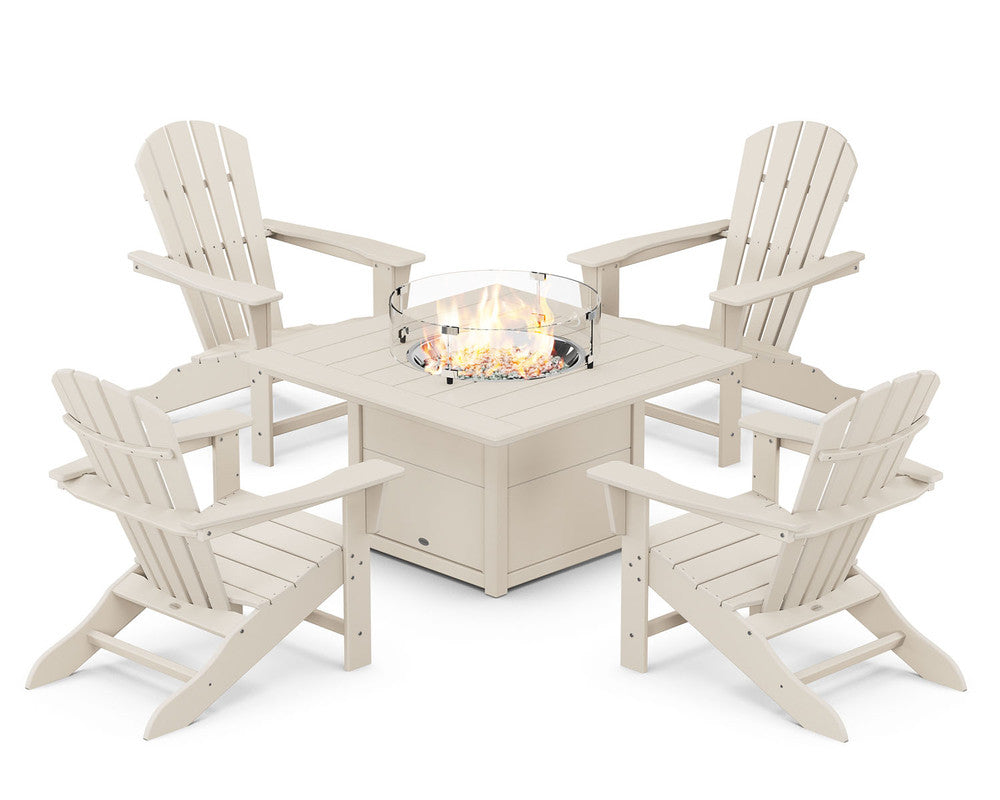 POLYWOODÂ® Palm Coast 5-Piece Adirondack Chair Conversation Set with Fire Pit Table - Sand