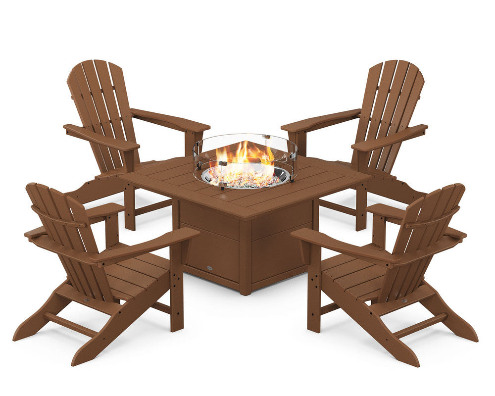 POLYWOODÂ® Palm Coast 5-Piece Adirondack Chair Conversation Set with Fire Pit Table - Teak