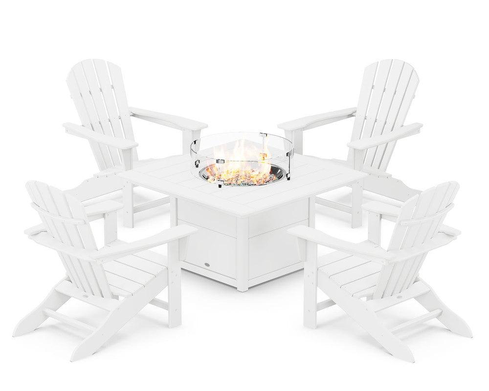 POLYWOODÂ® Palm Coast 5-Piece Adirondack Chair Conversation Set with Fire Pit Table - White