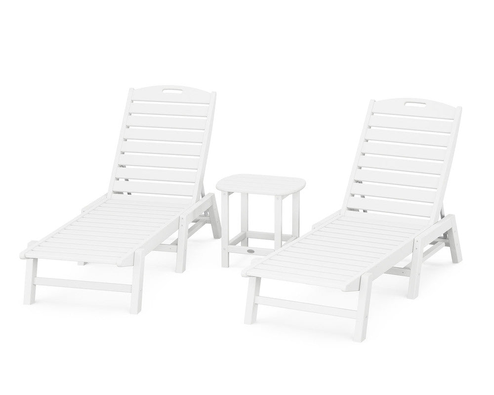 POLYWOODÂ® Nautical 3-Piece Chaise Lounge Set with South Beach 18" Side Table - White