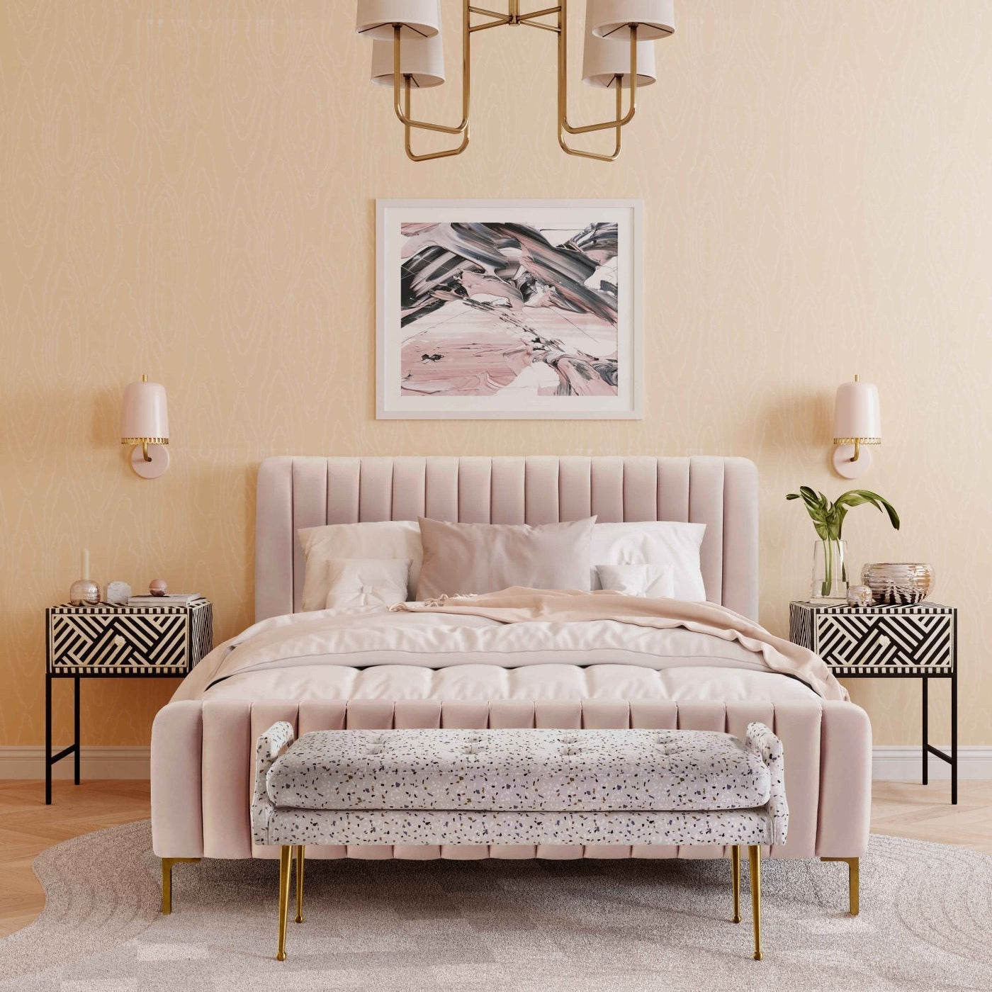 Smithdown Platform Velvet Queen Bed - Blush