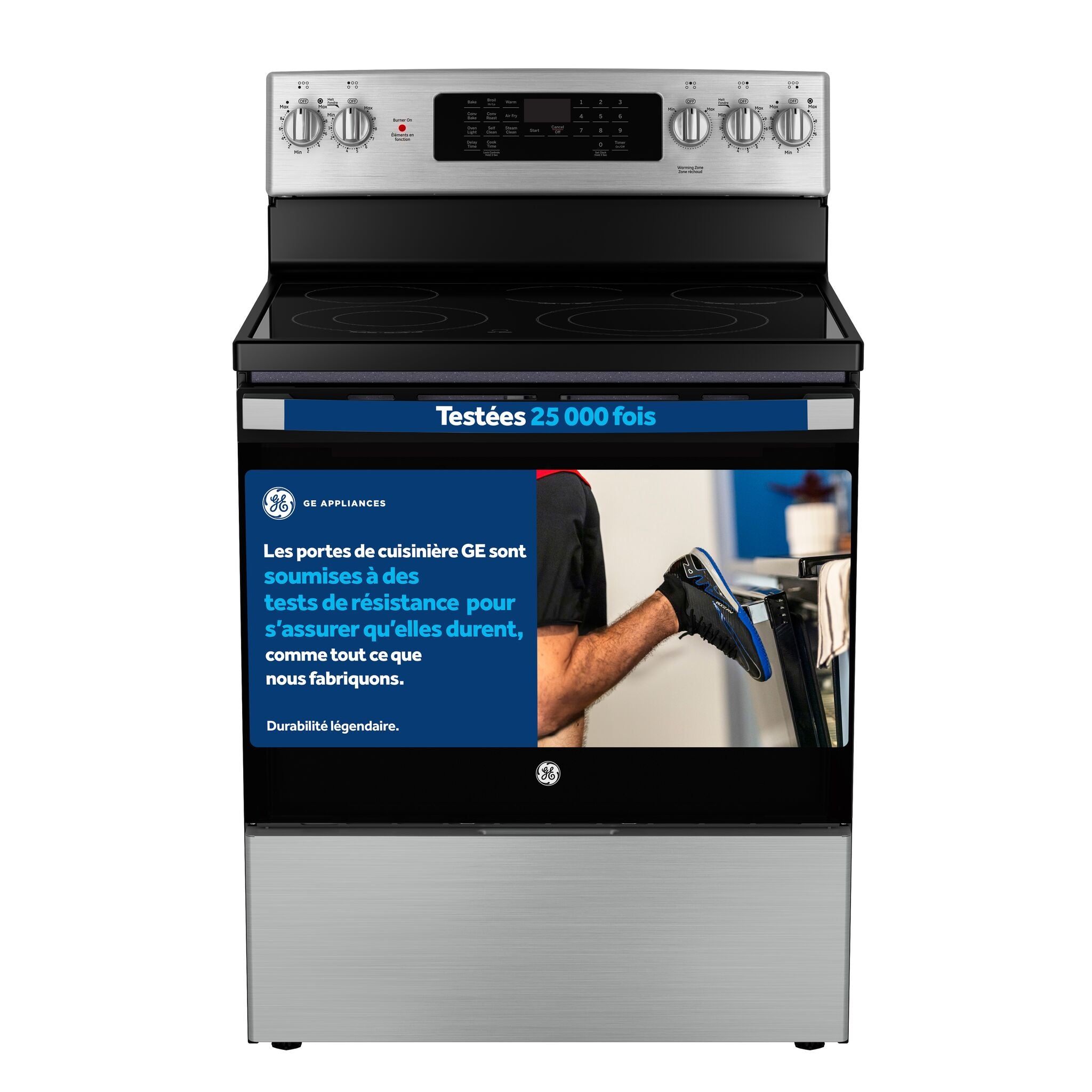 GE Cuisinière électrique 5,0 pi³ autonome à convection avec friture à air sans préchauffage acier inoxydable JCB840STSS--