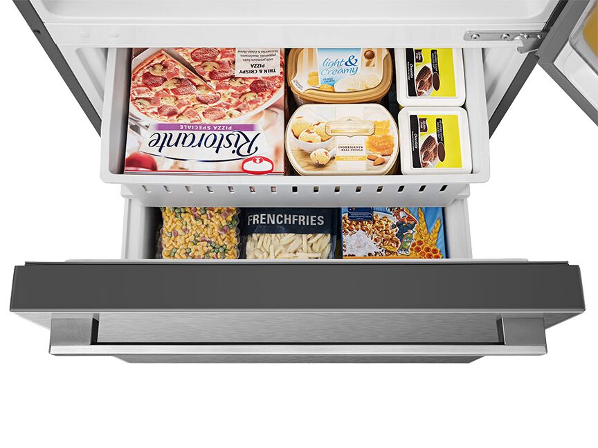 Hisense Fingerprint Resistant Titanium 32" Counter-Depth Bottom Mount Fridge (17 Cu.Ft) - RB17A2CSE freezer open ariel view with food