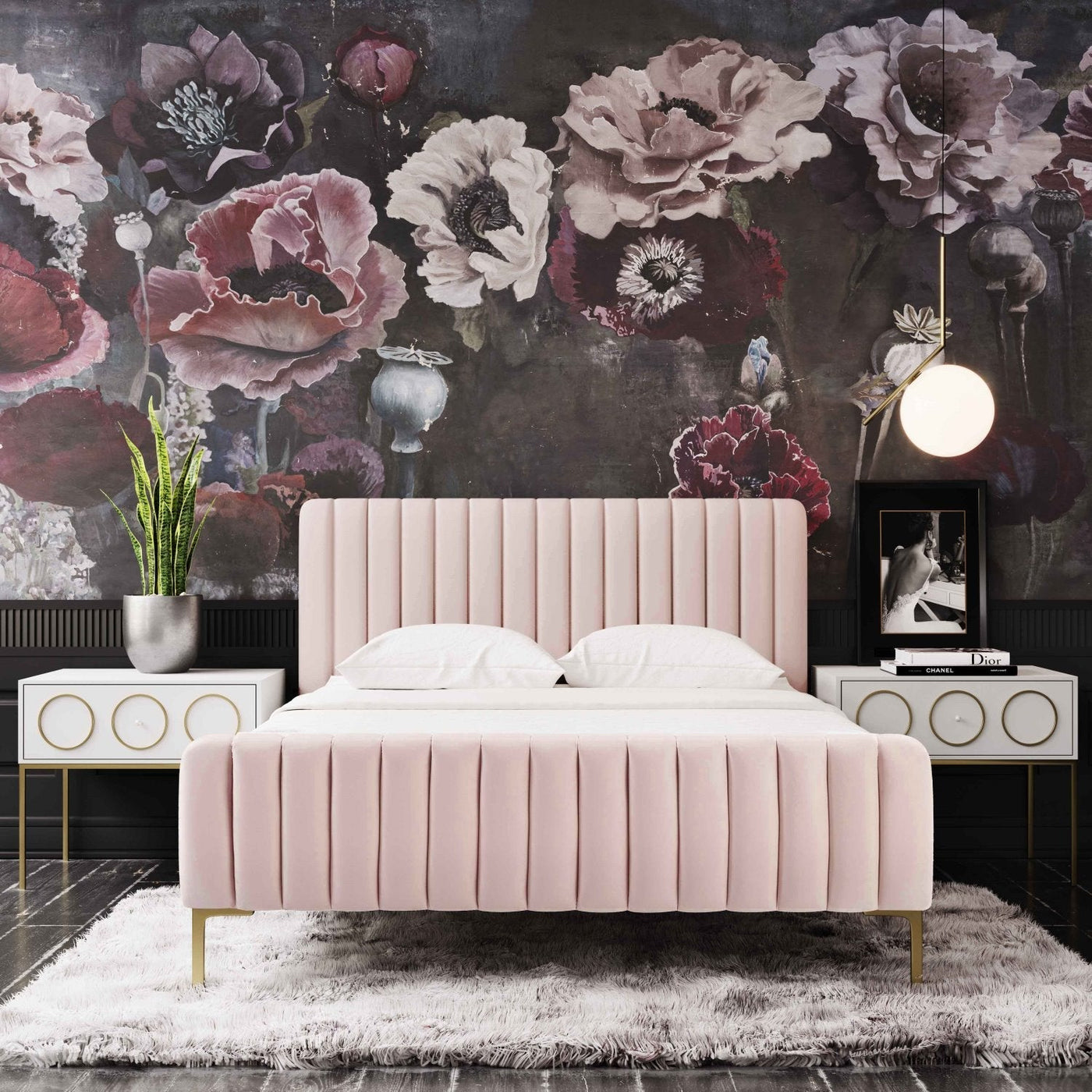 Smithdown Platform Velvet Queen Bed - Blush