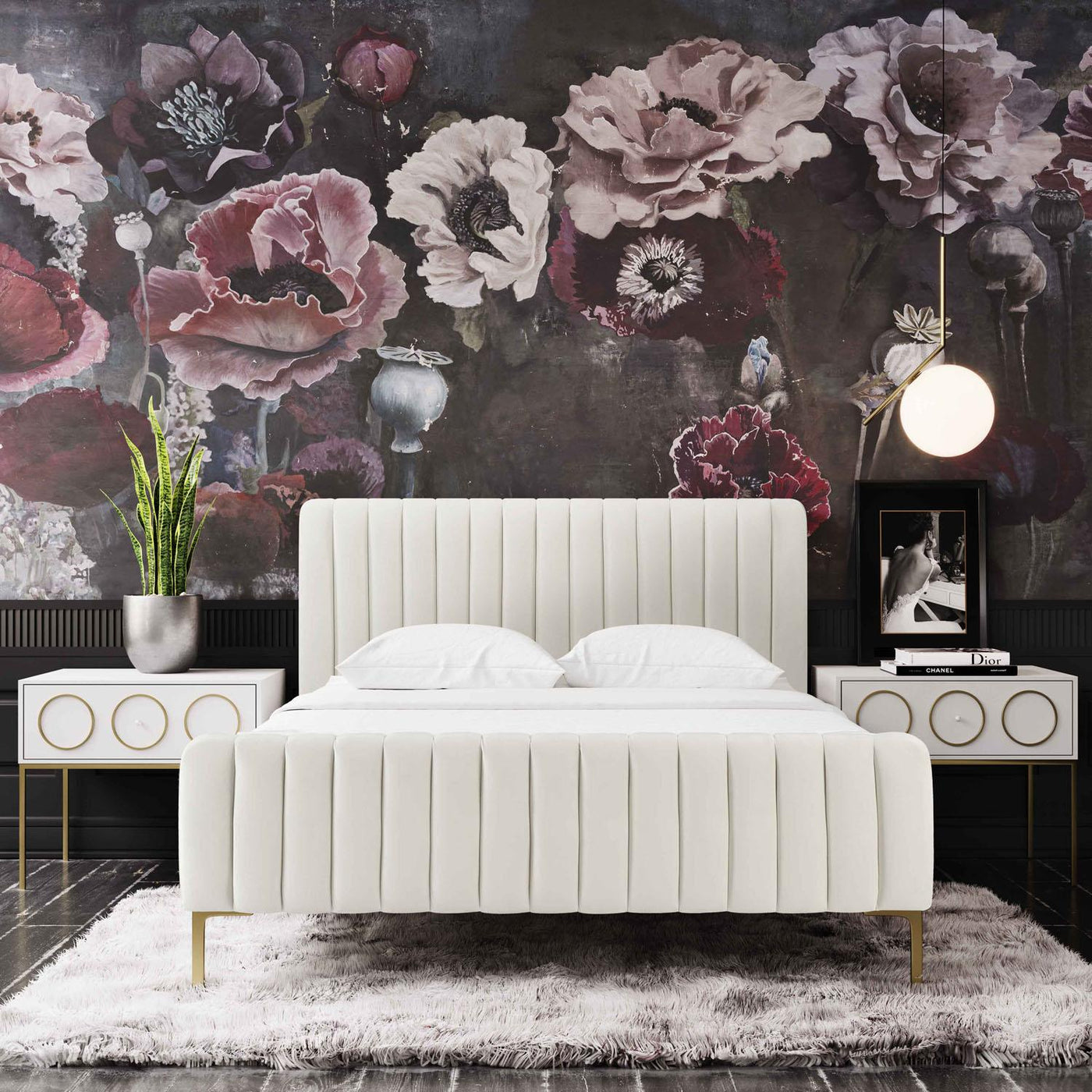 Smithdown Platform Velvet Queen Bed - Cream