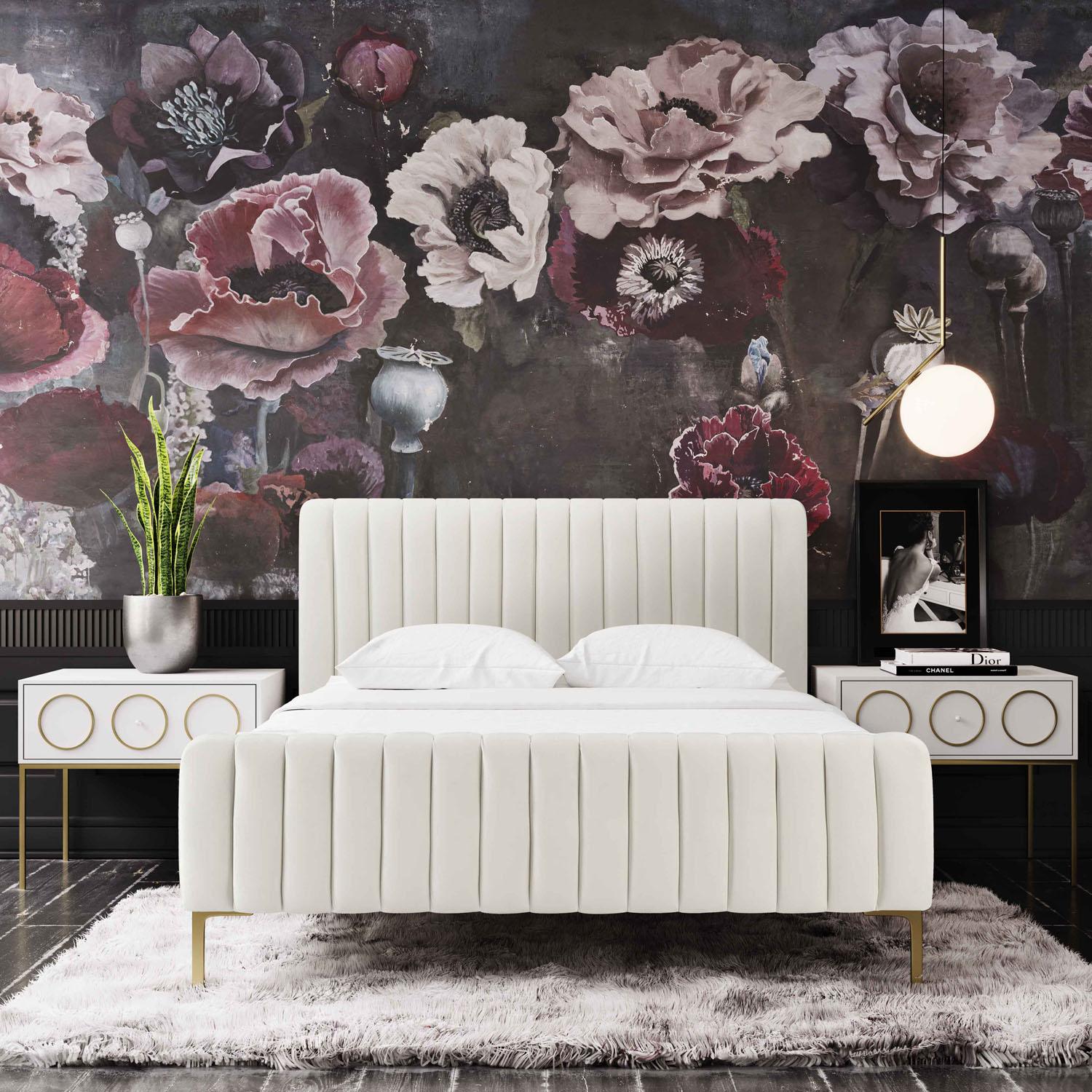 Smithdown Platform Velvet Queen Bed - Cream