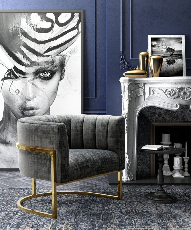 Indus Velvet Accent Chair - Grey/Gold