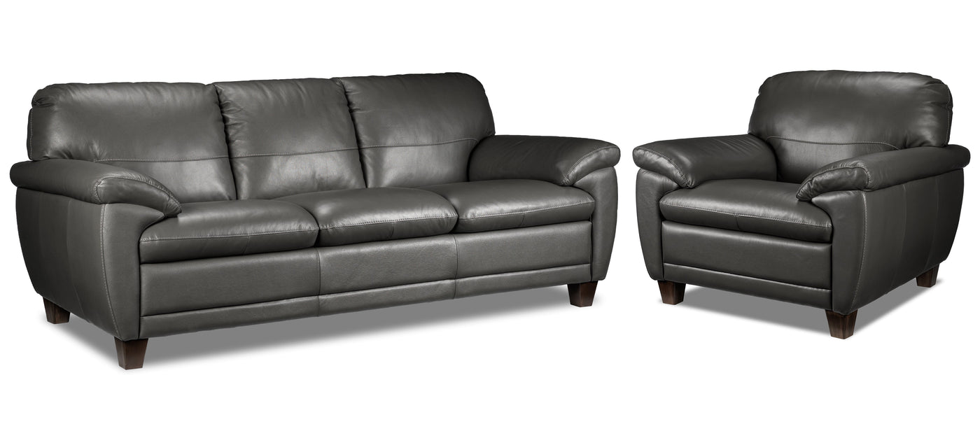Leonardo Leather Sofa and Chair Set - Grey