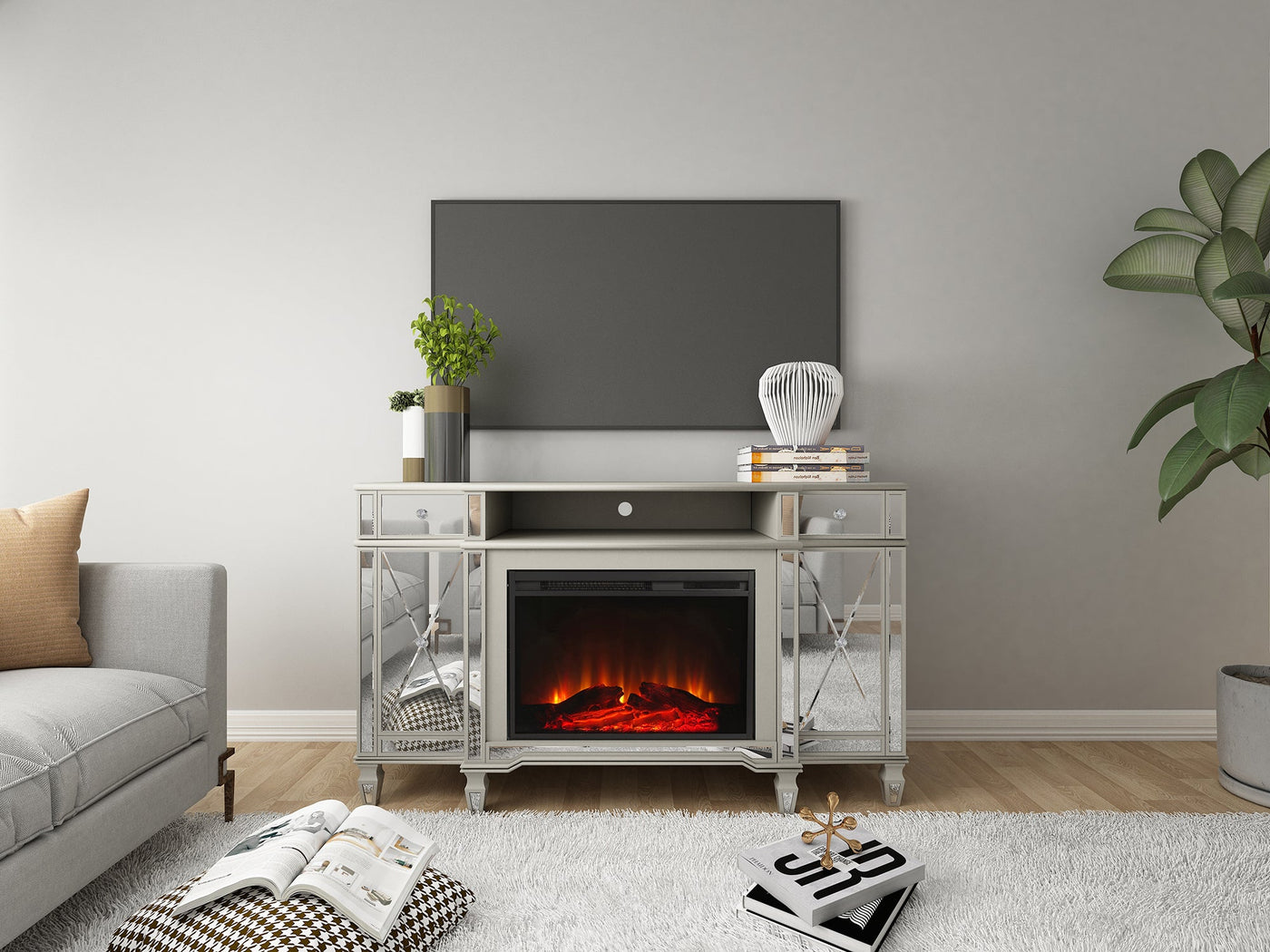 Tiffany Fireplace TV Stand - Mirrored Glass