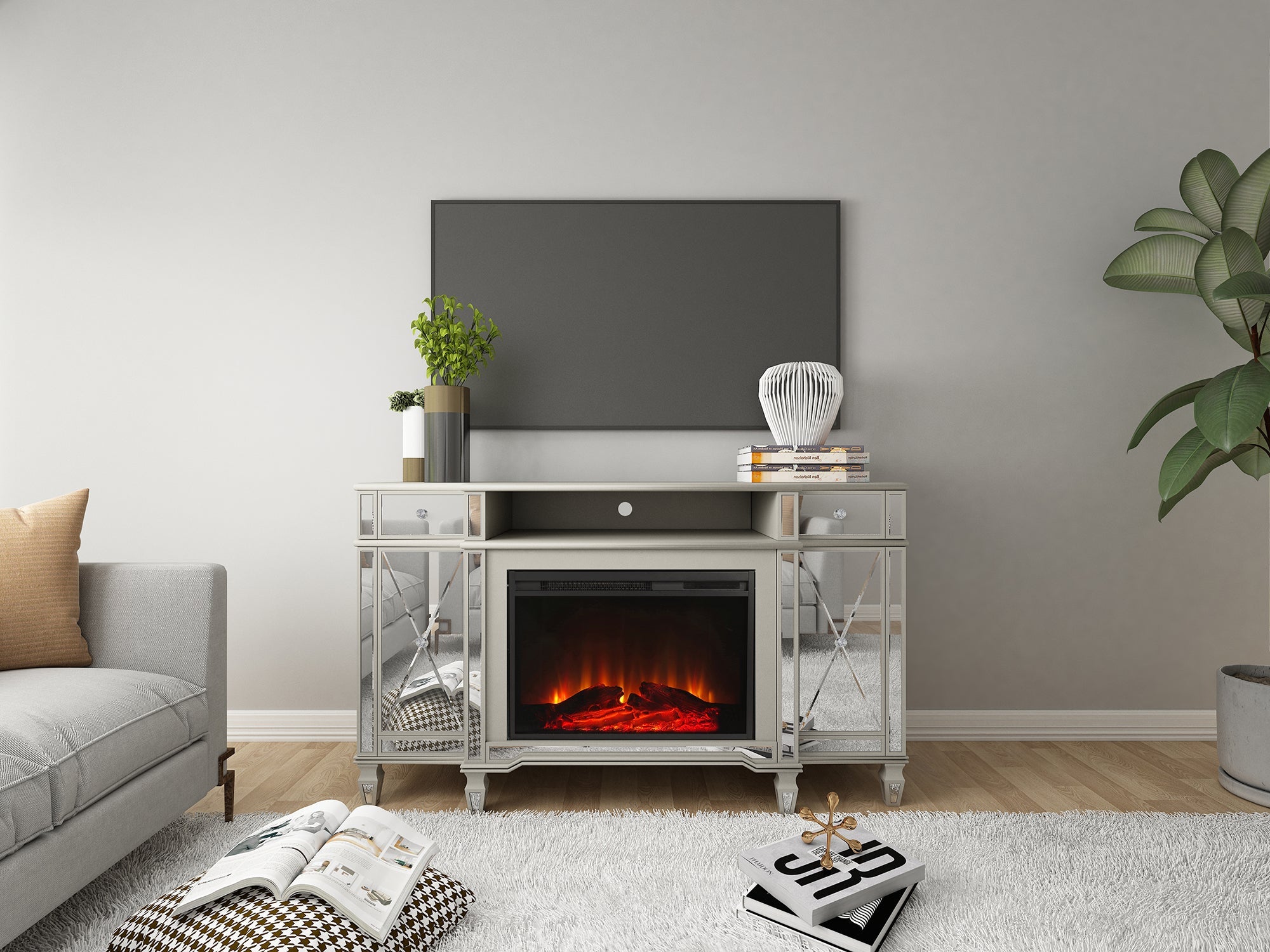 Tiffany Fireplace TV Stand - Mirrored Glass