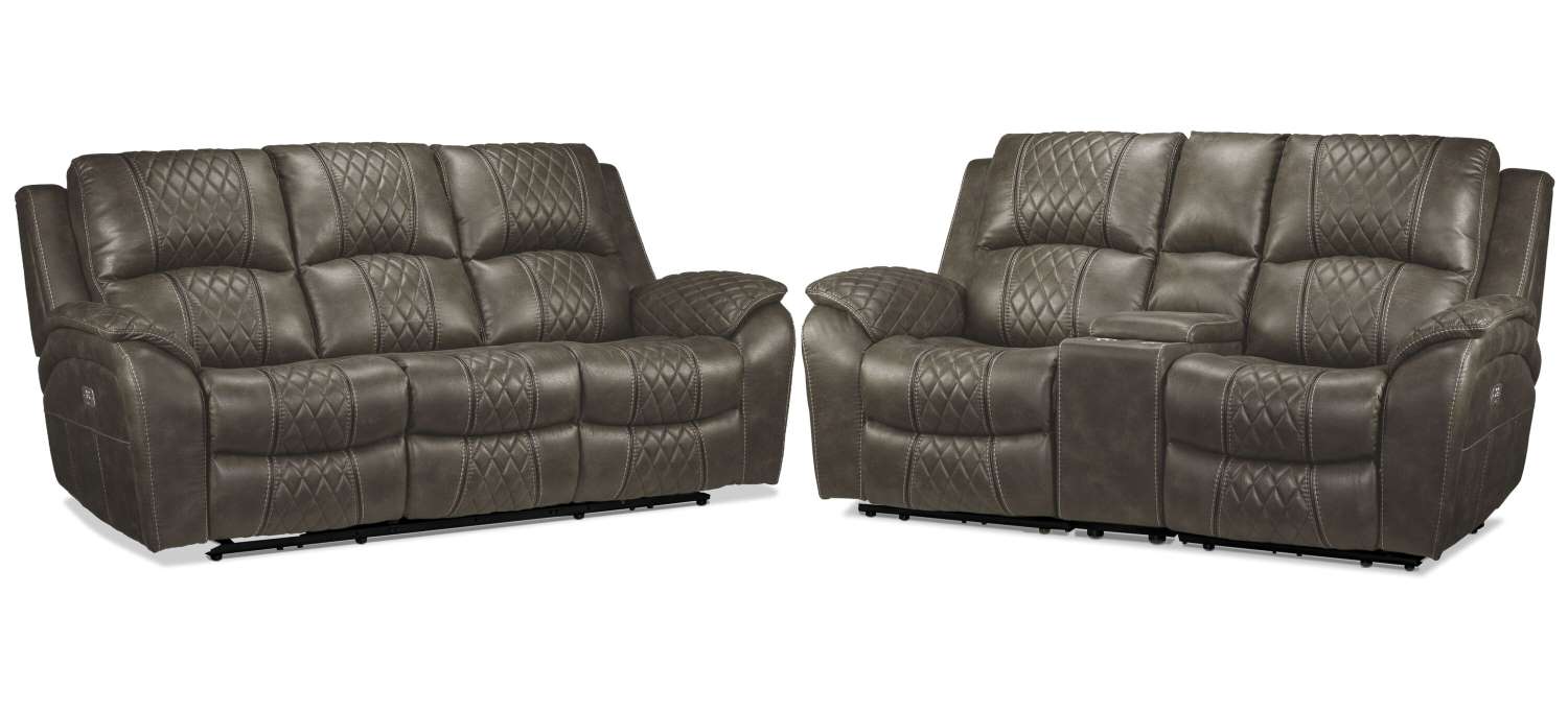 Wesley Dual Power Reclining Sofa and Dual Power Reclining Loveseat with Console - Granite