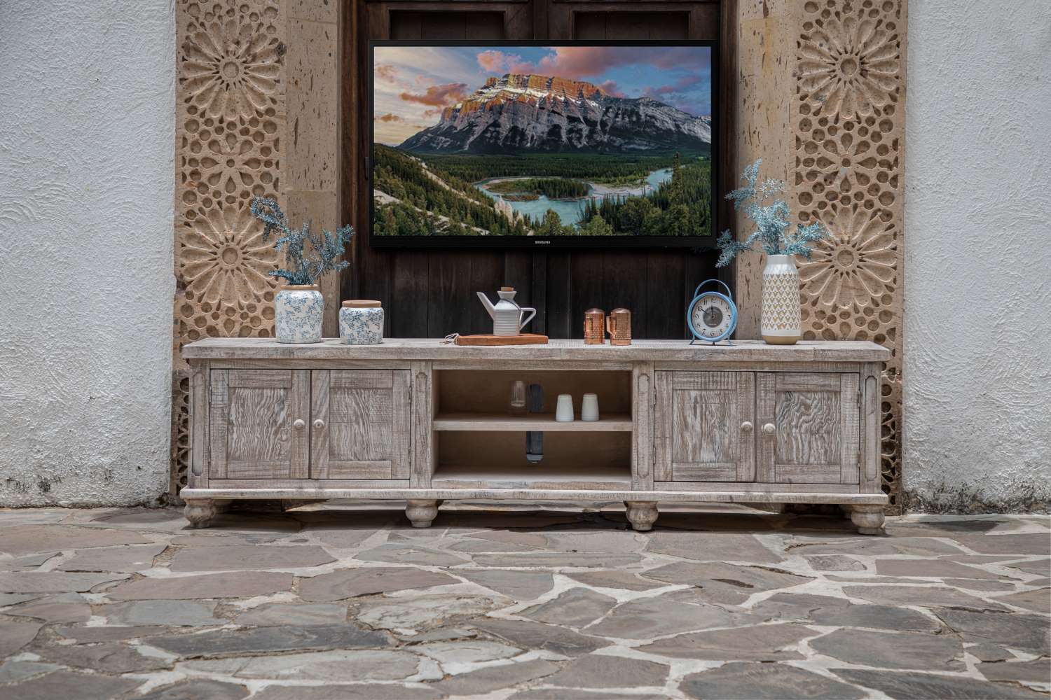 Aruba 93" TV Stand - White Sea Finish