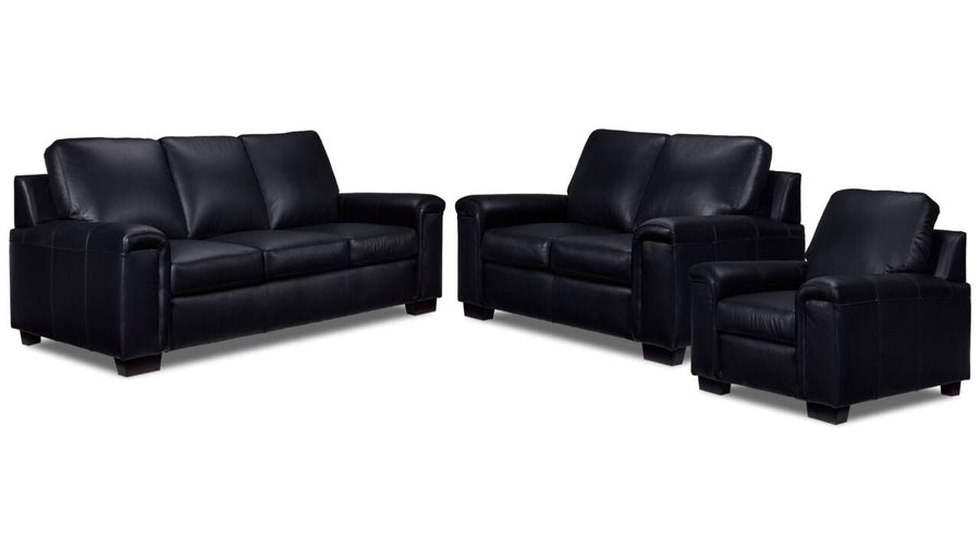 Icon Leather Sofa, Loveseat and Chair Set- Black