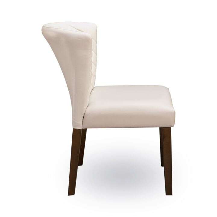 Kayla Dining Chair – Off White Faux Leather with Espresso Legs – Side View 