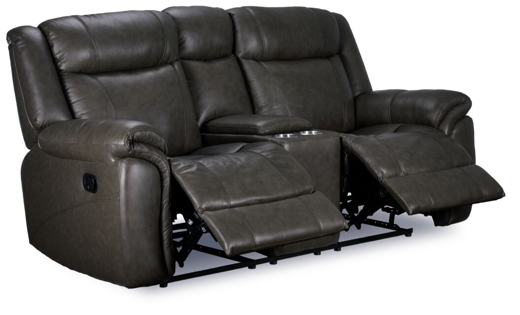 Plaza Reclining Leather Loveseat with Console - Grey