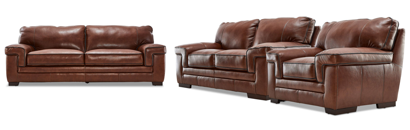 Stampede Leather Sofa, Loveseat and Chair Set - Chestnut