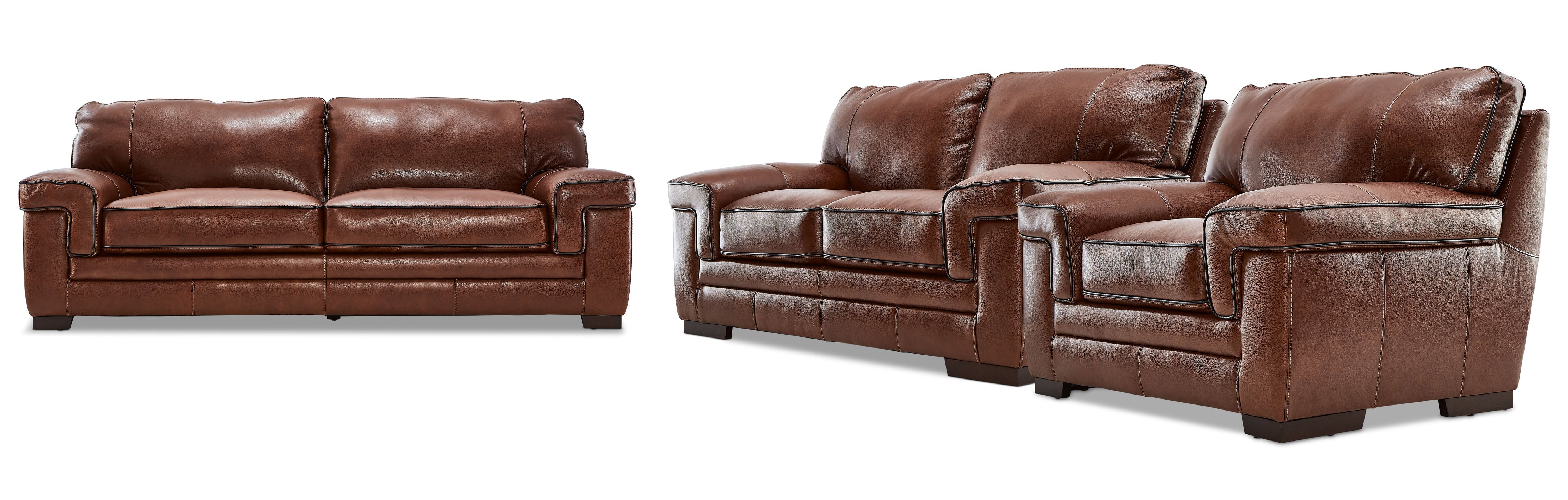 Stampede Leather Sofa, Loveseat and Chair Set - Chestnut