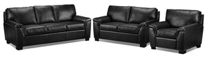 Reynolds Leather Sofa, Loveseat and Chair Set - Black