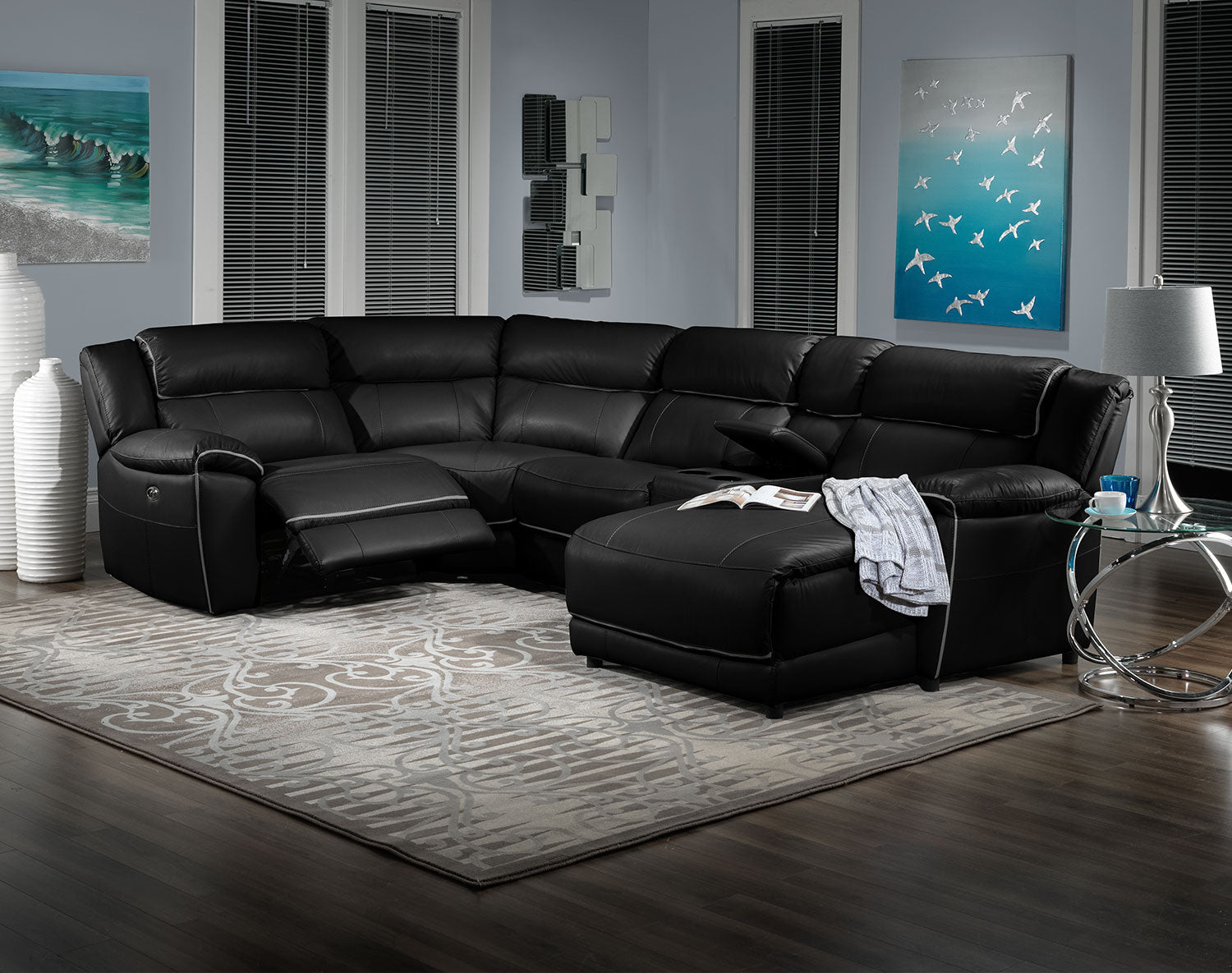 Holton 5-Piece Leather Sectional with Right-Facing Chaise - Black